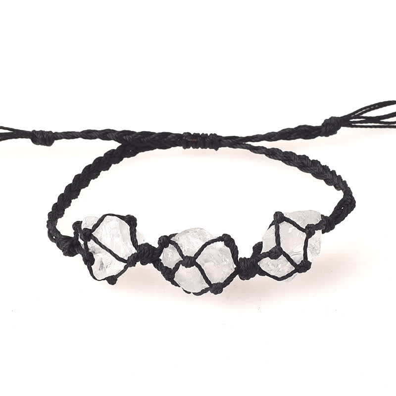 Olivenorma Three Raw Stones Net Bag Crystal Braided Bracelet - Clear Crystal - Black - image 8