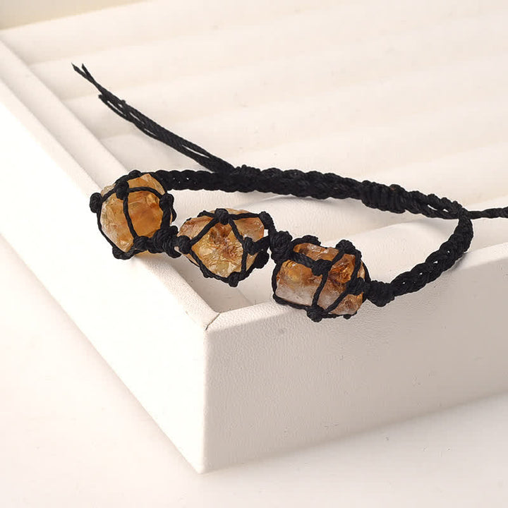 Olivenorma Three Raw Stones Net Bag Crystal Braided Bracelet - Citrine - Black - image 21