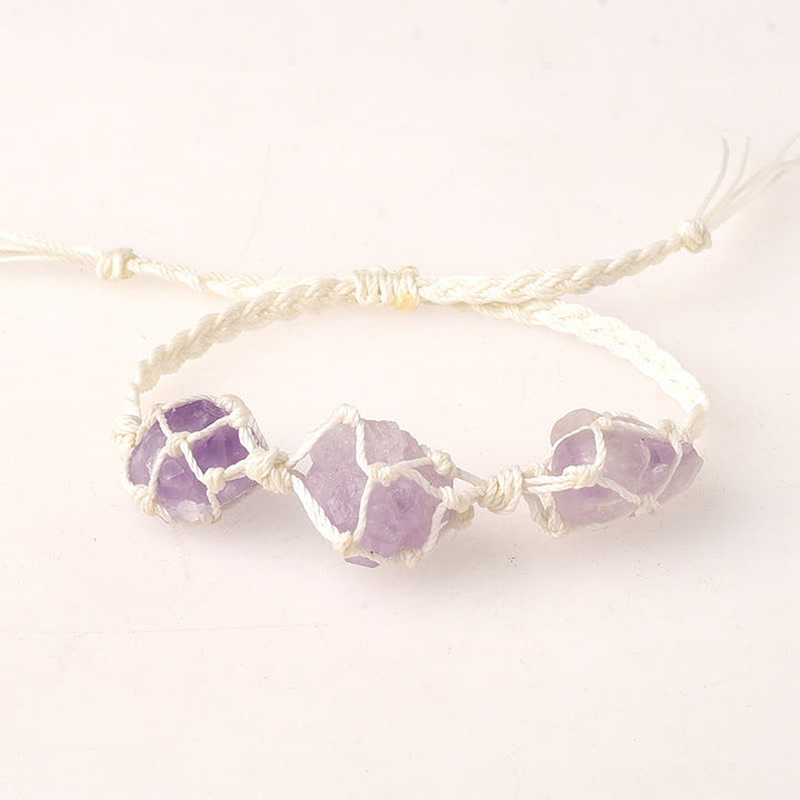 Olivenorma Three Raw Stones Net Bag Crystal Braided Bracelet - Amethyst - White - image 1