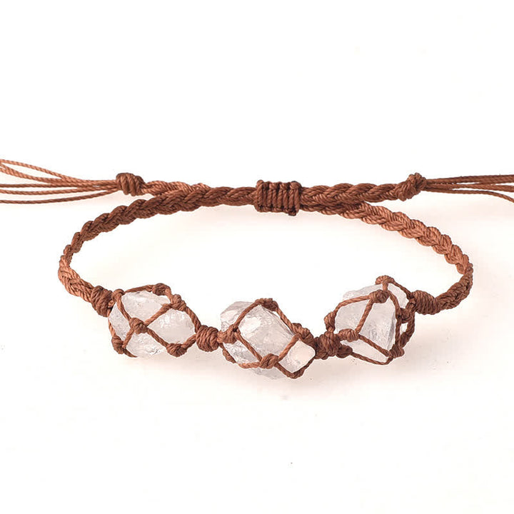 Olivenorma Three Raw Stones Net Bag Crystal Braided Bracelet - Clear Crystal - Brown - image 7