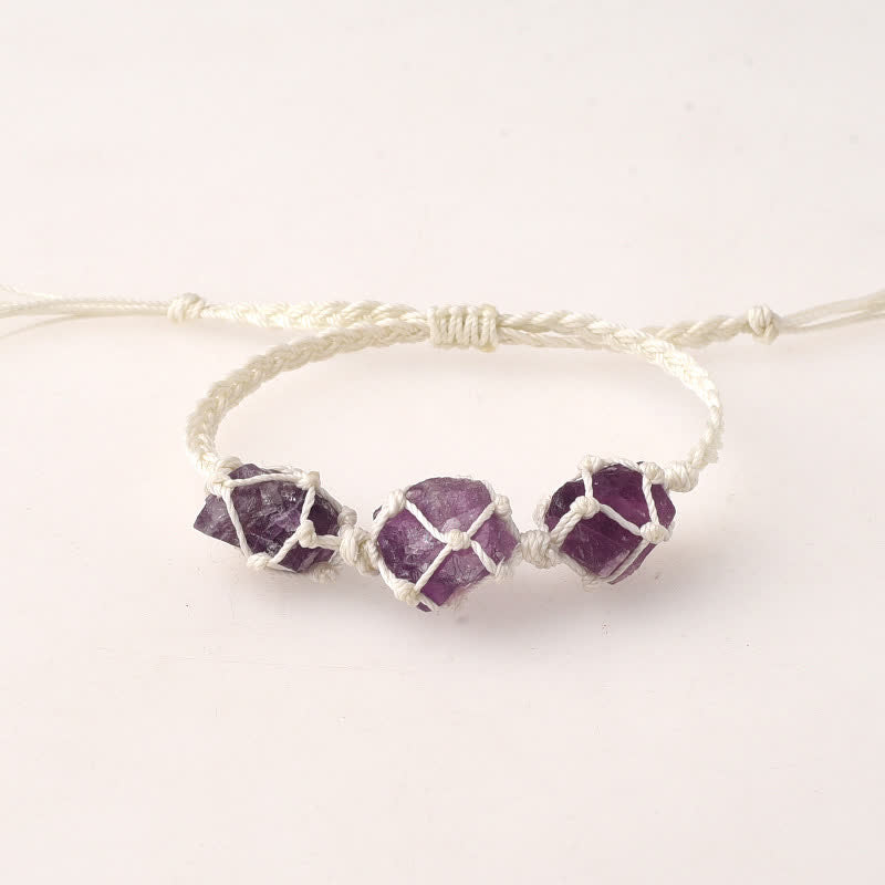 Olivenorma Three Raw Stones Net Bag Crystal Braided Bracelet - Purple Fluorite - White - image 14