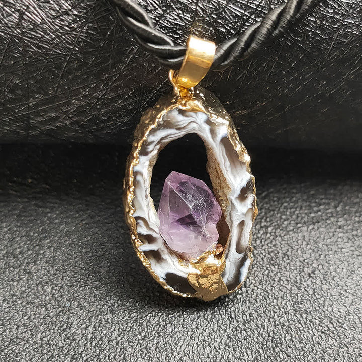 Olivenorma Amethyst White Agate Crystal Cave Pendant Necklace - Gold Edge - image 0