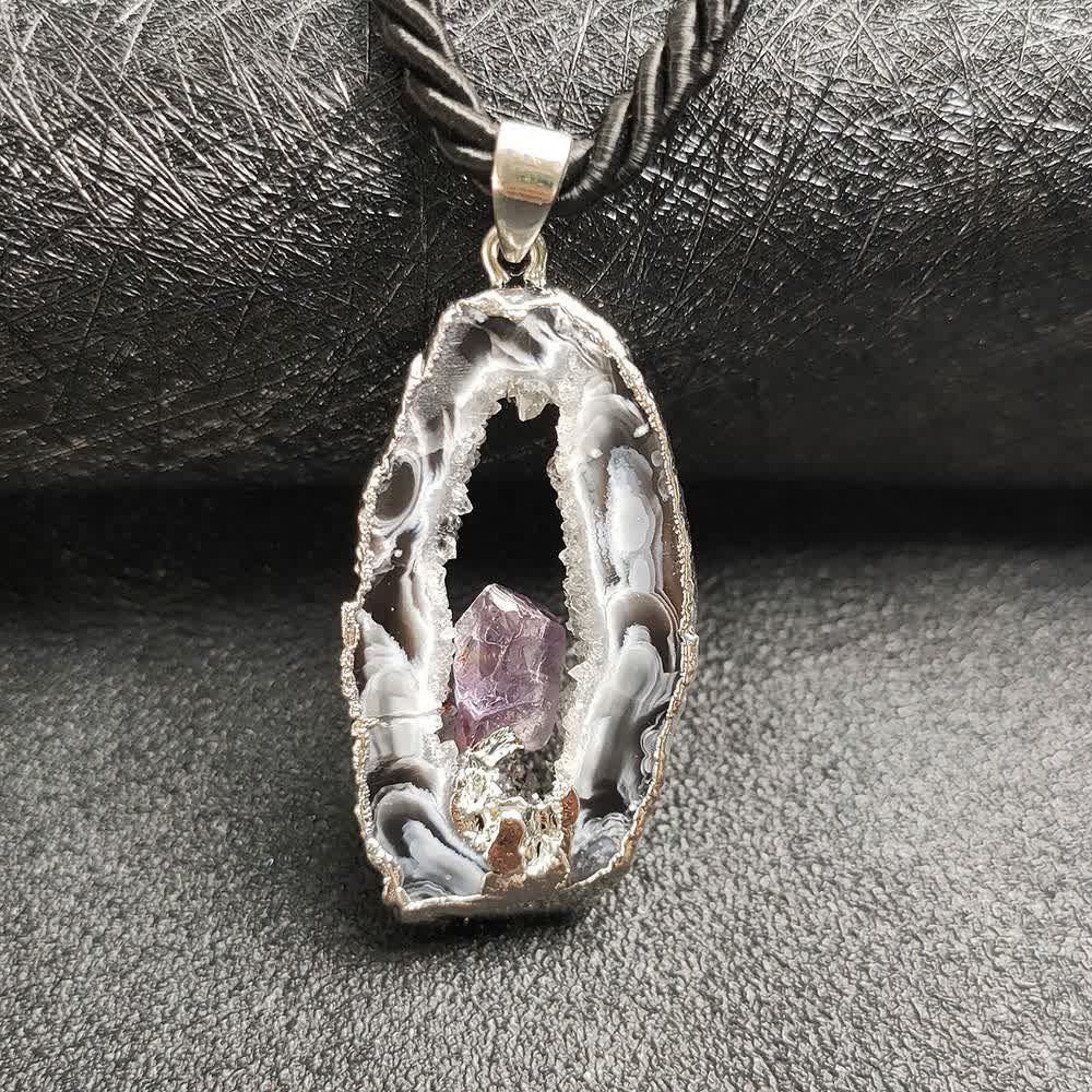 Olivenorma Amethyst White Agate Crystal Cave Pendant Necklace - Silver Edge - image 1