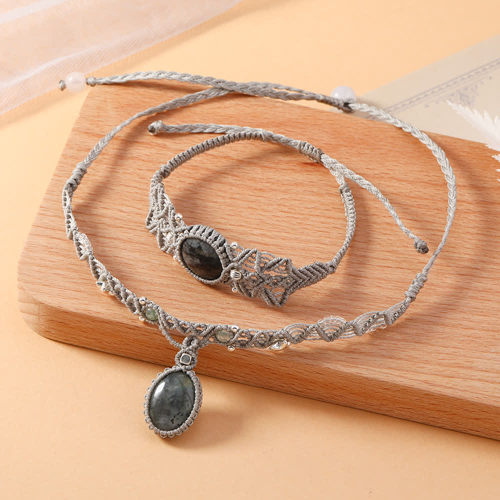Olivenorma Natural Labradorite Crystal Braided Bracelet Necklace - 2Pcs Set - image 4