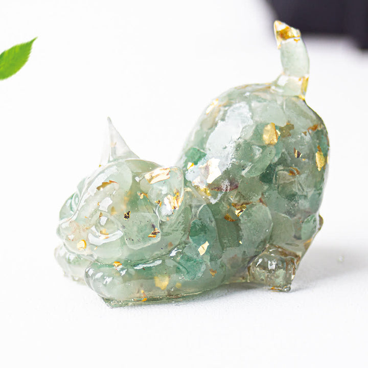 Olivenorma Multiple Colors Crystal Resin Stretching Cat For Positive Energy Mindfulness Relaxation Gemstone Decoration - Green Aventurine - With Card - image 23