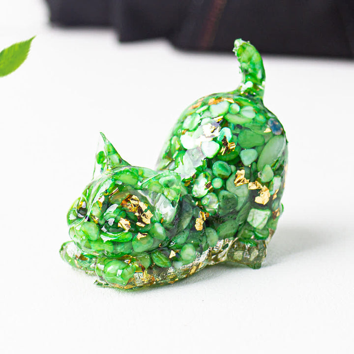 Olivenorma Multiple Colors Crystal Resin Stretching Cat For Positive Energy Mindfulness Relaxation Gemstone Decoration - Green Shells - image 69