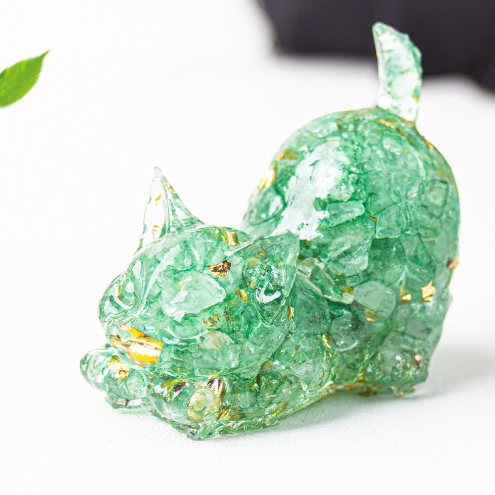 Olivenorma Multiple Colors Crystal Resin Stretching Cat For Positive Energy Mindfulness Relaxation Gemstone Decoration - Green Fluorite - With Card - image 25