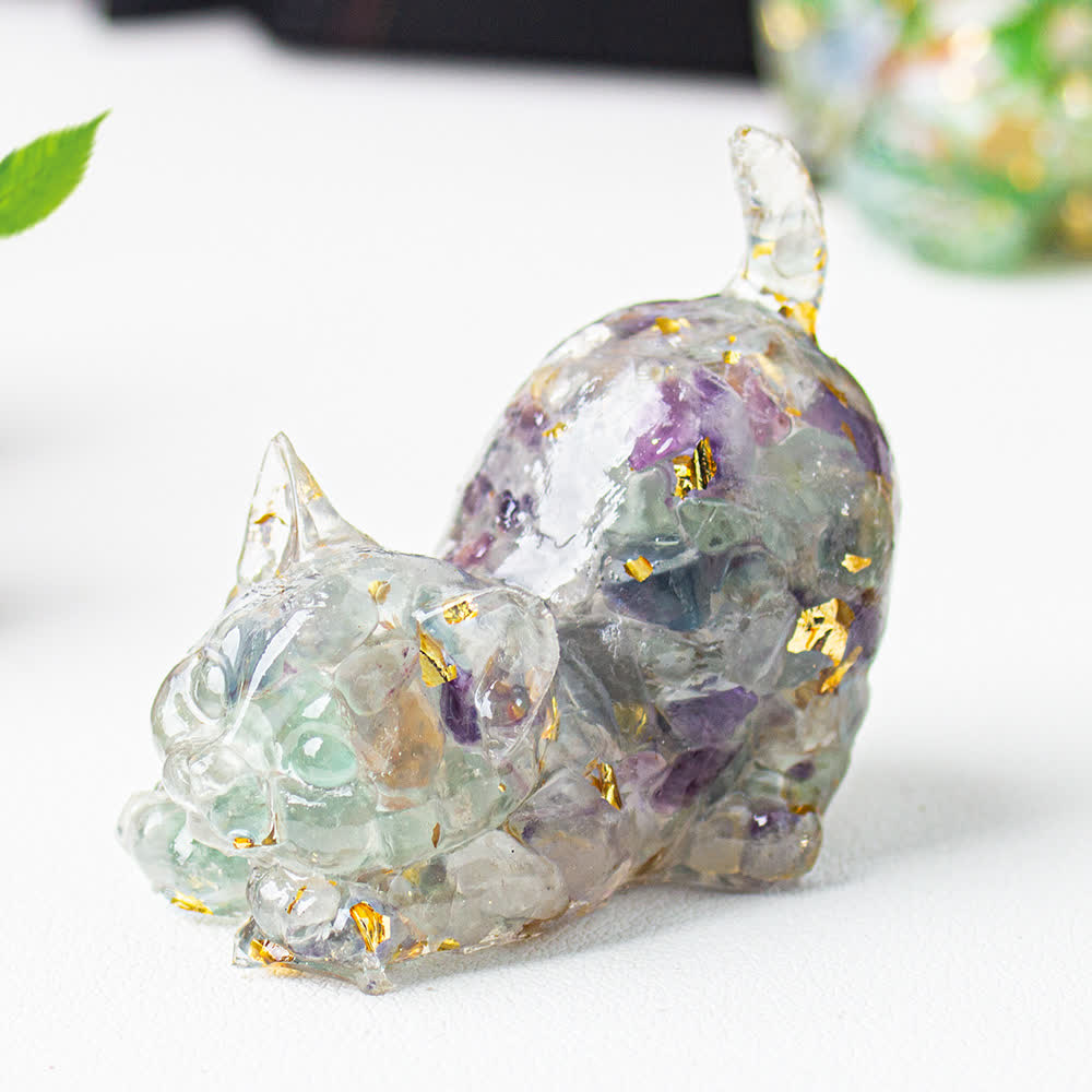 Olivenorma Multiple Colors Crystal Resin Stretching Cat For Positive Energy Mindfulness Relaxation Gemstone Decoration - Fluorite - image 15