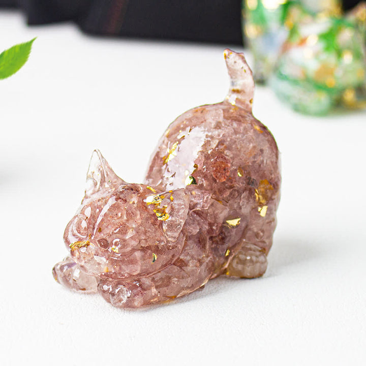 Olivenorma Multiple Colors Crystal Resin Stretching Cat For Positive Energy Mindfulness Relaxation Gemstone Decoration - Strawberry Quartz - With Card - image 57