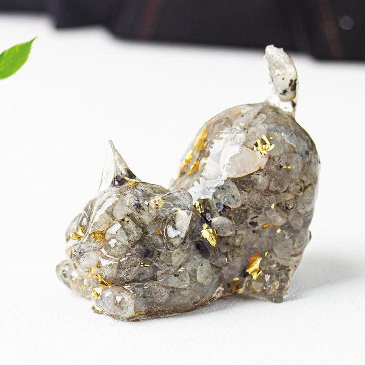 Olivenorma Multiple Colors Crystal Resin Stretching Cat For Positive Energy Mindfulness Relaxation Gemstone Decoration - Grey Labradorite - image 26