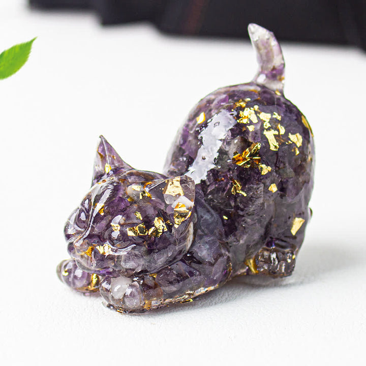 Olivenorma Multiple Colors Crystal Resin Stretching Cat For Positive Energy Mindfulness Relaxation Gemstone Decoration - Amethyst - With Card - image 5