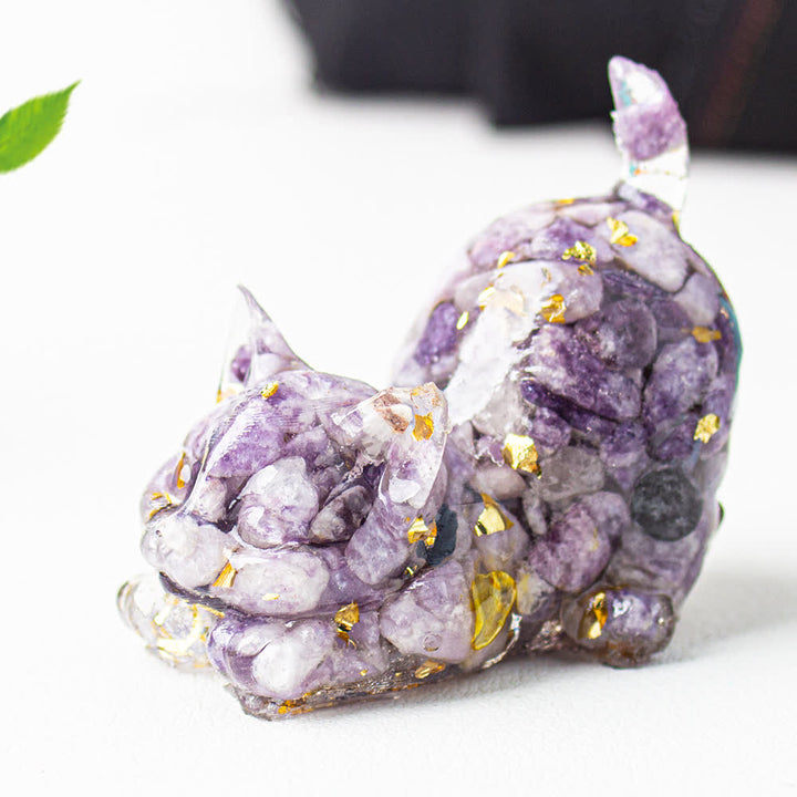 Olivenorma Multiple Colors Crystal Resin Stretching Cat For Positive Energy Mindfulness Relaxation Gemstone Decoration - Lepidolite - image 33