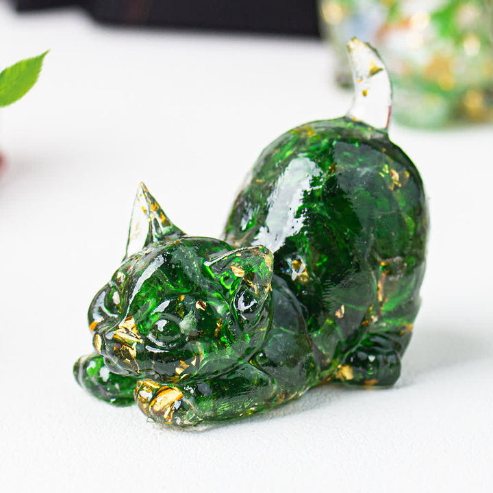 Olivenorma Multiple Colors Crystal Resin Stretching Cat For Positive Energy Mindfulness Relaxation Gemstone Decoration - Green Glaze - image 71