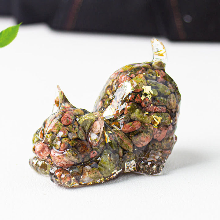 Olivenorma Multiple Colors Crystal Resin Stretching Cat For Positive Energy Mindfulness Relaxation Gemstone Decoration - Unakite - With Card - image 63