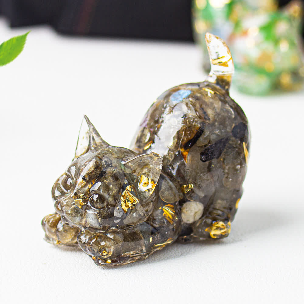Olivenorma Multiple Colors Crystal Resin Stretching Cat For Positive Energy Mindfulness Relaxation Gemstone Decoration - Black Labradorite - With Card - image 29