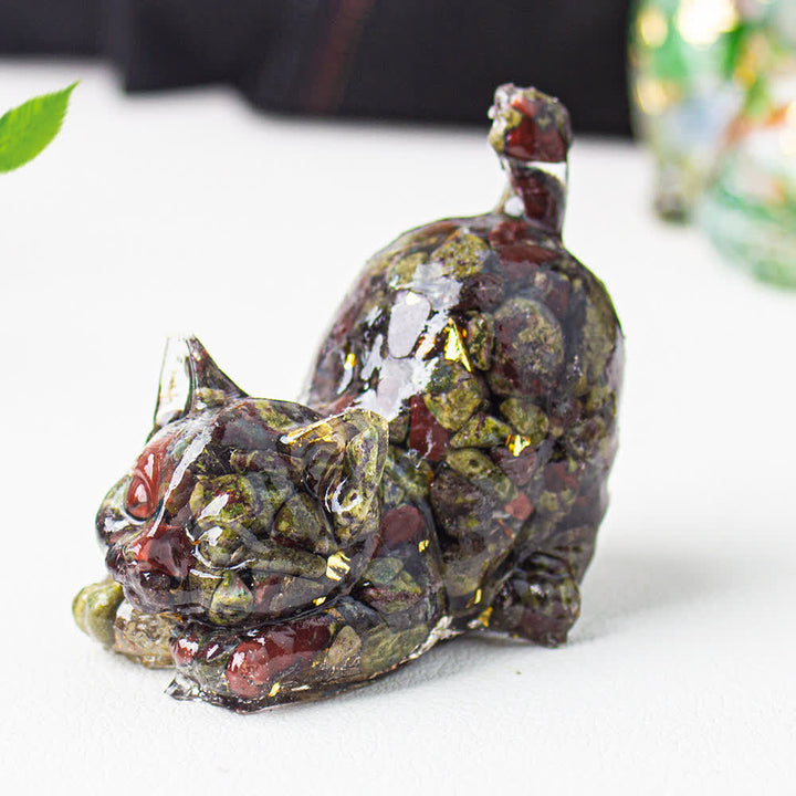 Olivenorma Multiple Colors Crystal Resin Stretching Cat For Positive Energy Mindfulness Relaxation Gemstone Decoration - Dragon Blood Stone - With Card - image 15