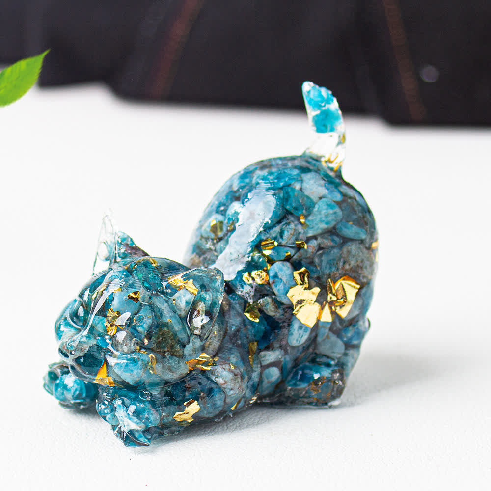 Olivenorma Multiple Colors Crystal Resin Stretching Cat For Positive Energy Mindfulness Relaxation Gemstone Decoration - Blue Apatite - With Card - image 9
