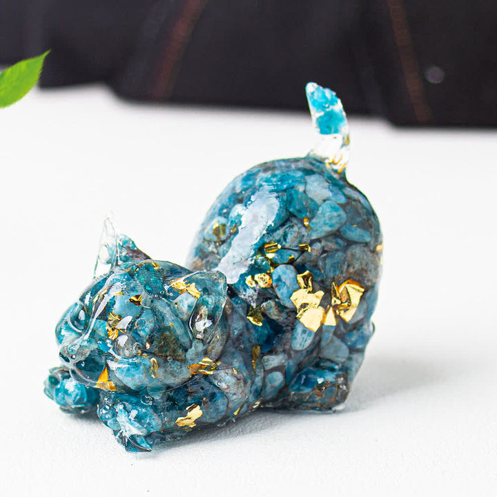 Olivenorma Multiple Colors Crystal Resin Stretching Cat For Positive Energy Mindfulness Relaxation Gemstone Decoration - Blue Apatite - With Card - image 9