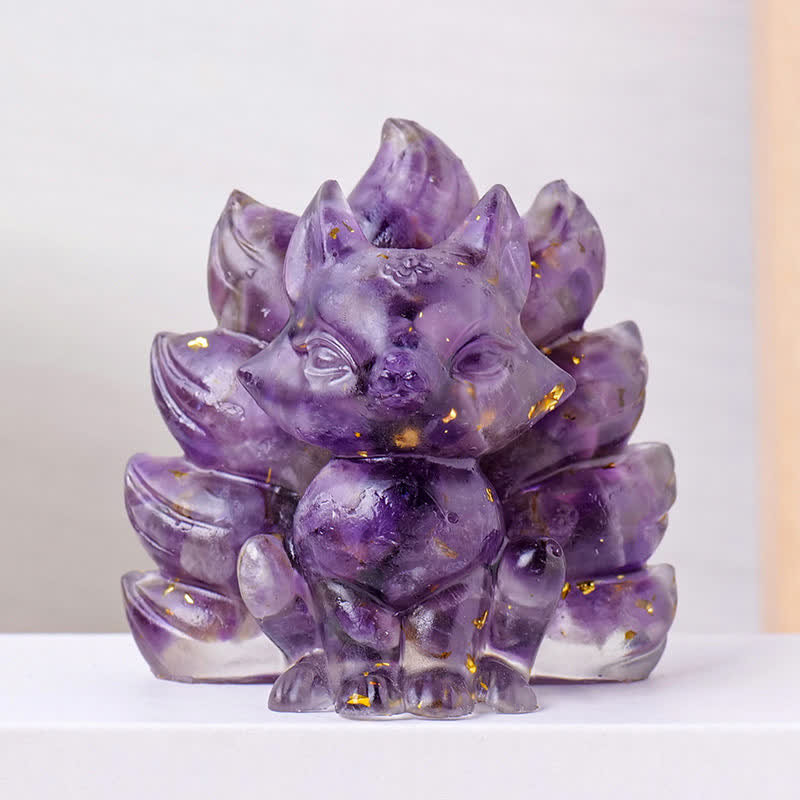 Olivenorma Crystal Resin Nine-Tailed Fox Carving Gemstone Decoration - Amethyst - image 1