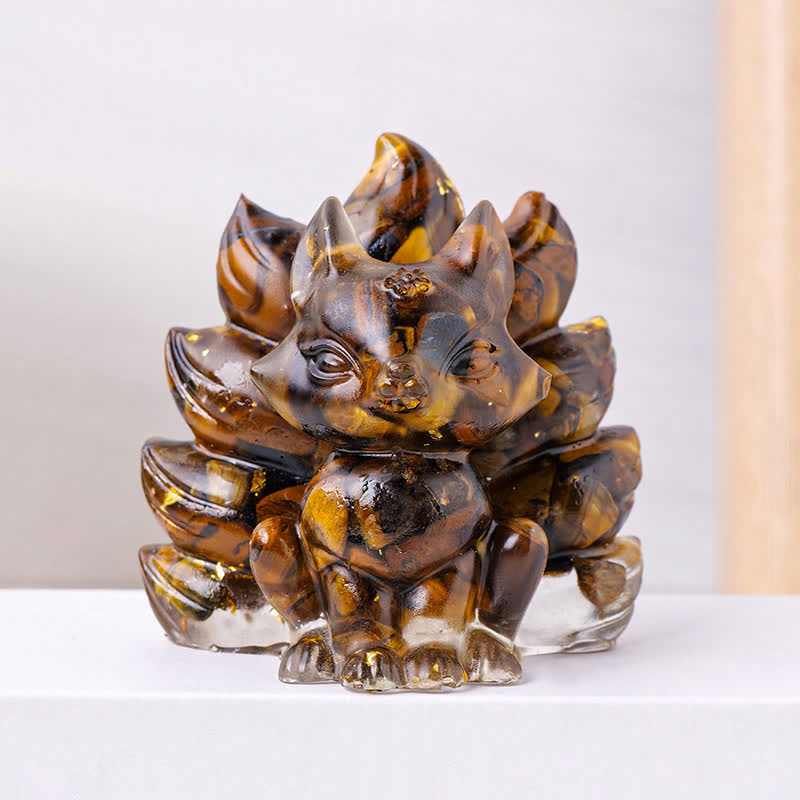Olivenorma Crystal Resin Nine-Tailed Fox Carving Gemstone Decoration - Tiger Eye - image 15