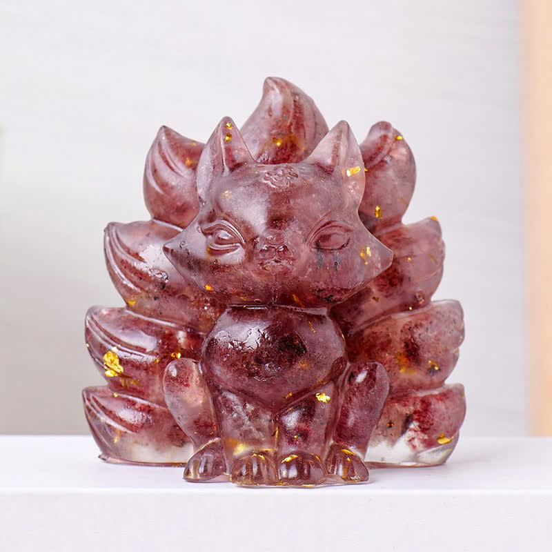 Olivenorma Crystal Resin Nine-Tailed Fox Carving Gemstone Decoration - Strawberry Quartz - image 13