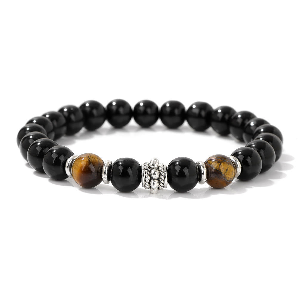 Olivenorma Natural Obsidian Tiger Eye Adjustable Beaded Bracelet - Silver - image 1
