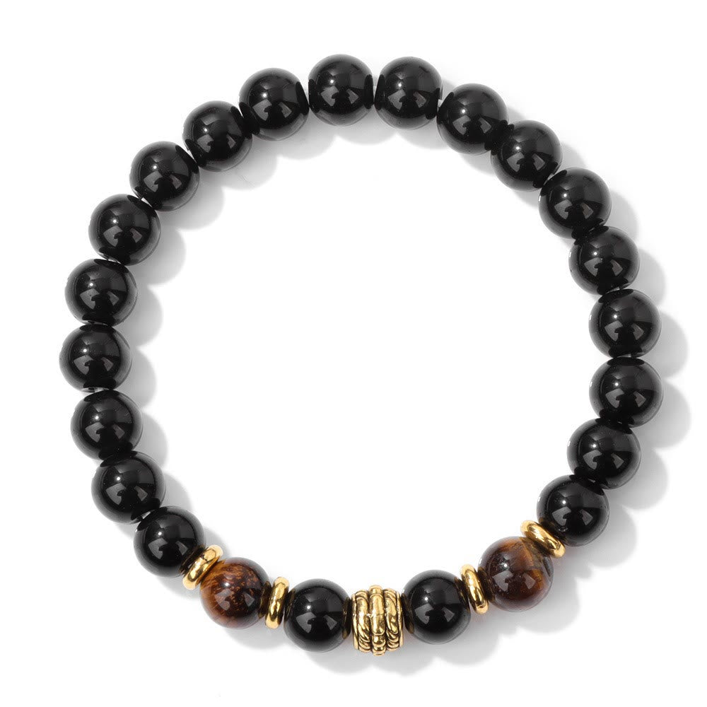 Olivenorma Natural Obsidian Tiger Eye Adjustable Beaded Bracelet - Gold - image 0