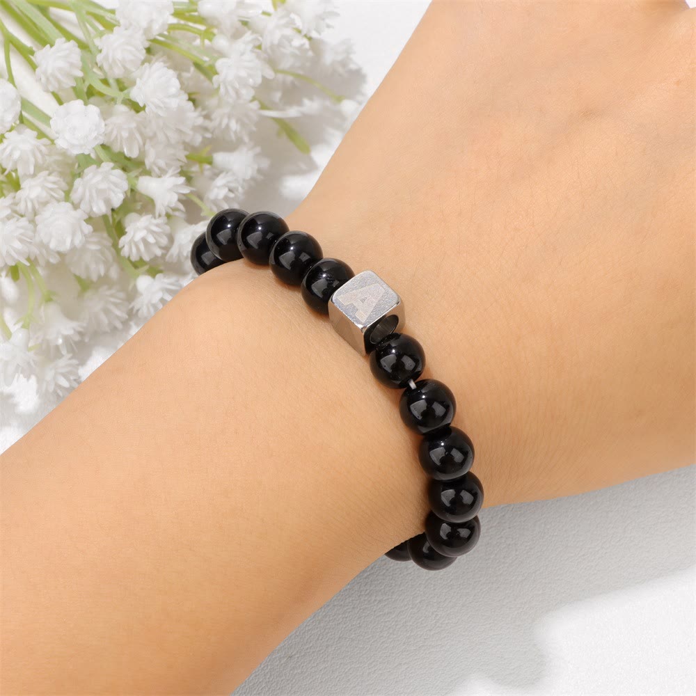 Olivenorma 8mm Initial Cube Obsidian Beaded Bracelet - image 1