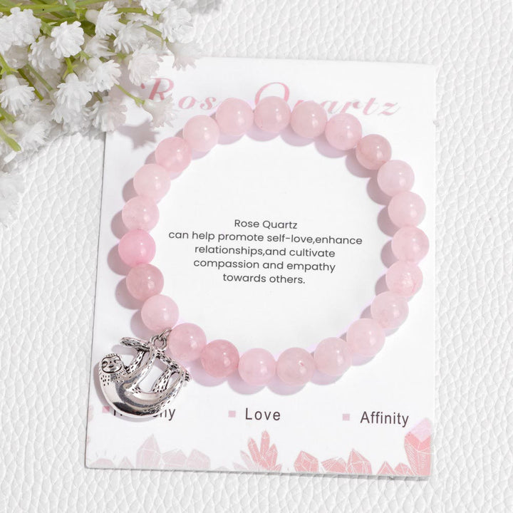 Olivenorma Sloth Charm Round Gemstone Energy Beaded Bracelet - Rose Quartz - image 0