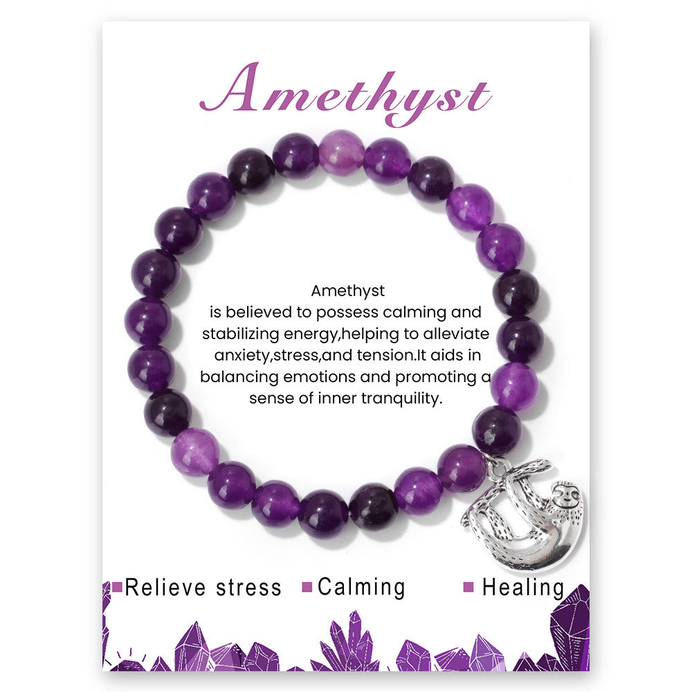Olivenorma Sloth Charm Round Gemstone Energy Beaded Bracelet - Amethyst - image 7