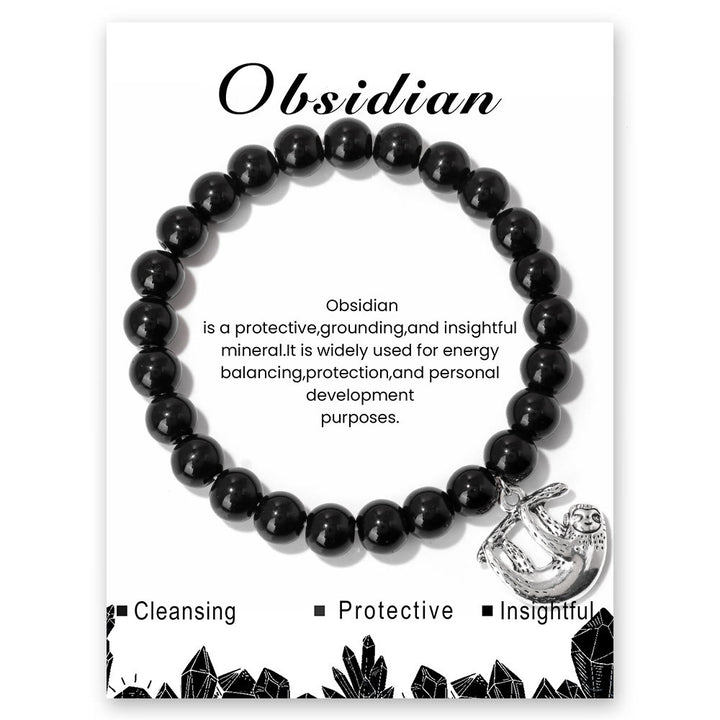 Olivenorma Sloth Charm Round Gemstone Energy Beaded Bracelet - Obsidian - image 9
