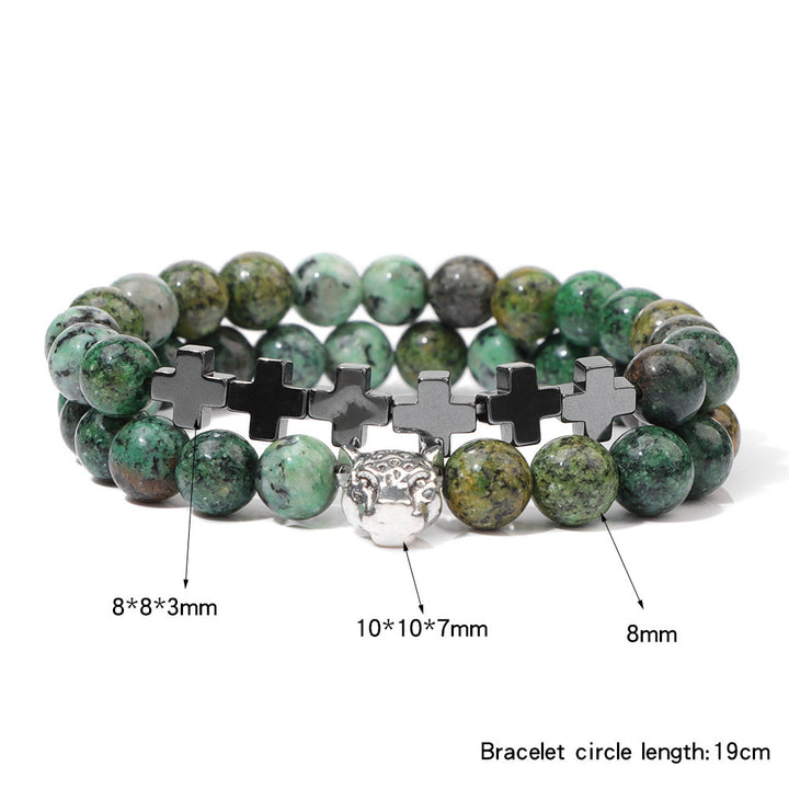 Olivenorma 2Pcs Leopard Head Cross Charm Gemstone Beaded Bracelet - image 1