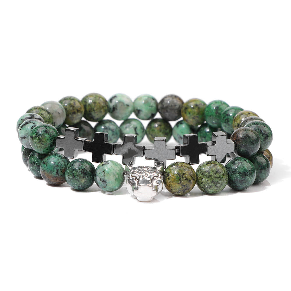 Olivenorma 2Pcs Leopard Head Cross Charm Gemstone Beaded Bracelet - African Turquoise - image 0