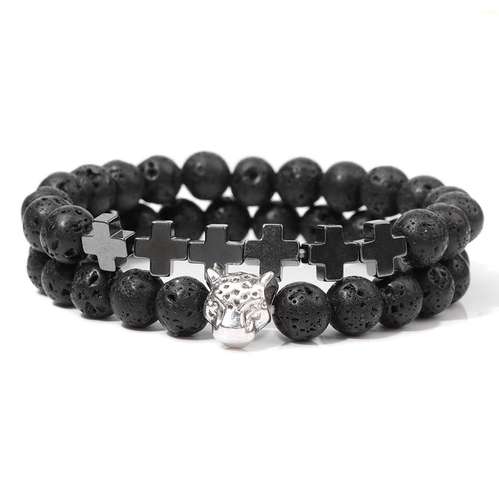 Olivenorma 2Pcs Leopard Head Cross Charm Gemstone Beaded Bracelet - Lava Stone - image 11