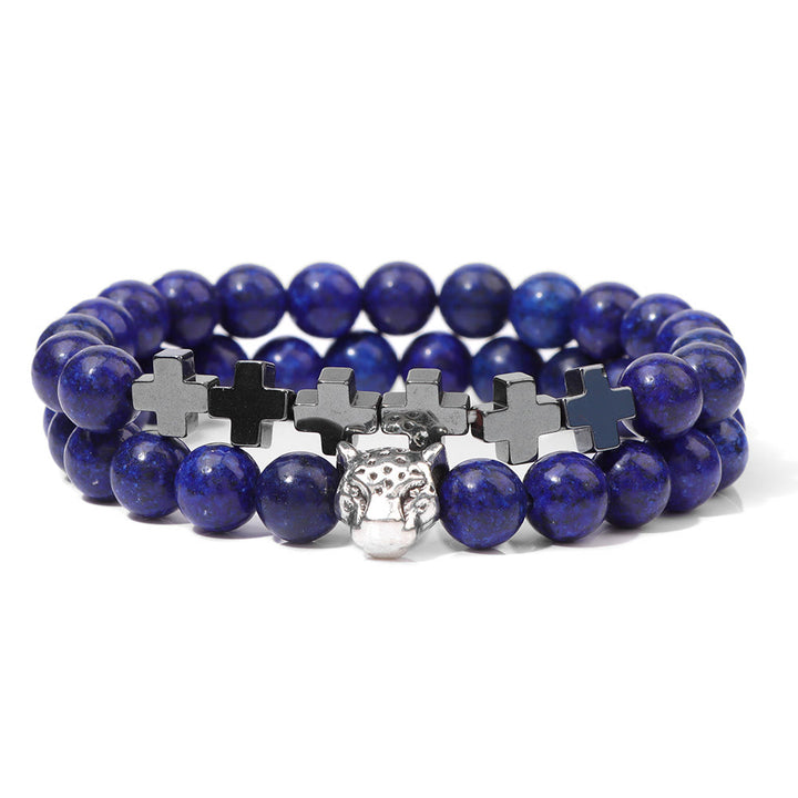 Olivenorma 2Pcs Leopard Head Cross Charm Gemstone Beaded Bracelet - Lapis Lazuli - image 3