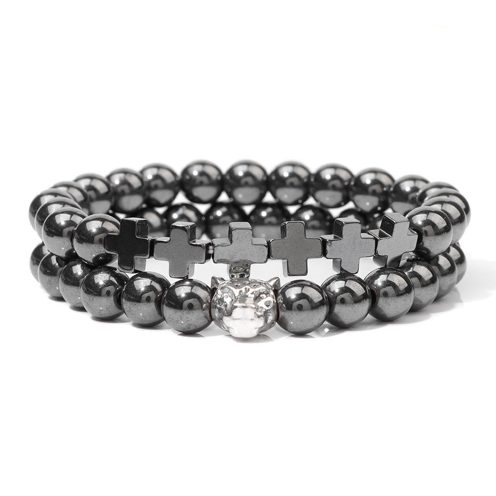 Olivenorma 2Pcs Leopard Head Cross Charm Gemstone Beaded Bracelet - Hematite - image 9