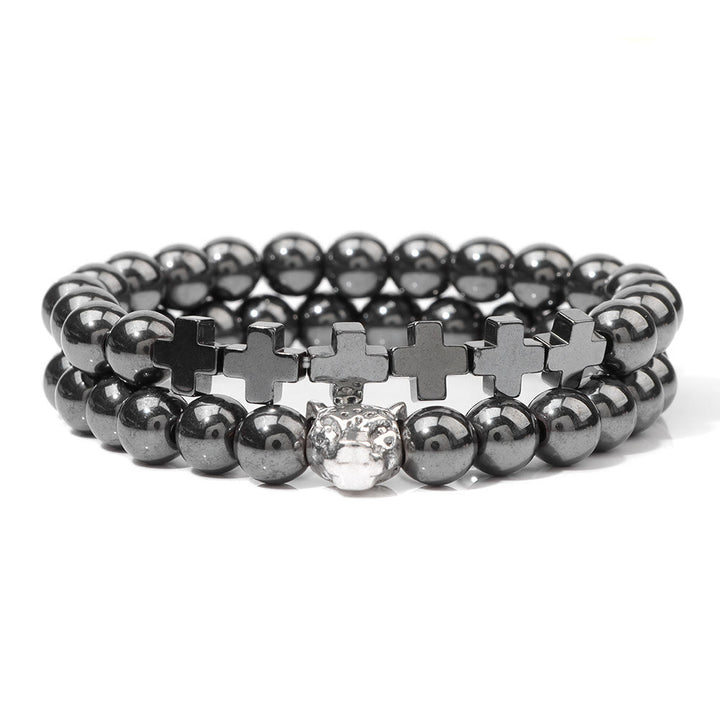 Olivenorma 2Pcs Leopard Head Cross Charm Gemstone Beaded Bracelet - Hematite - image 9