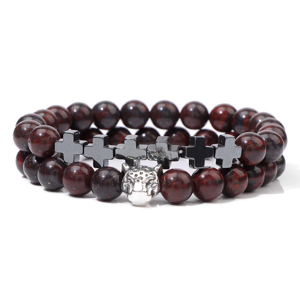 Olivenorma 2Pcs Leopard Head Cross Charm Gemstone Beaded Bracelet - Heliotrope - image 13