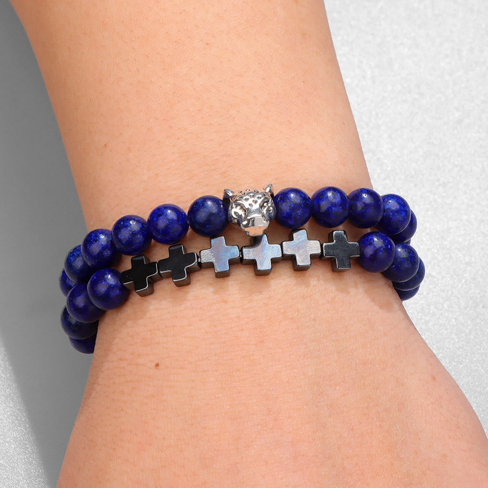 Olivenorma 2Pcs Leopard Head Cross Charm Gemstone Beaded Bracelet - image 4