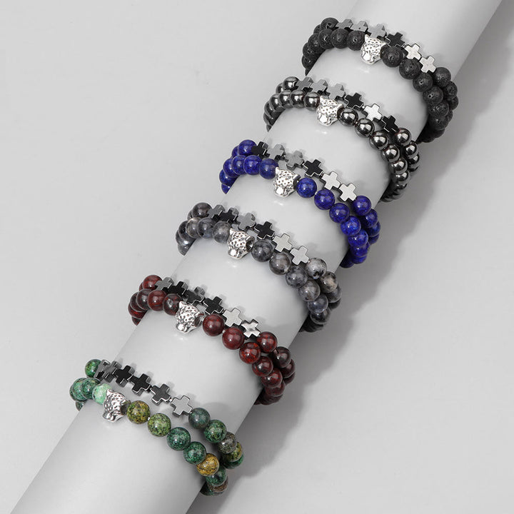 Olivenorma 2Pcs Leopard Head Cross Charm Gemstone Beaded Bracelet - image 14