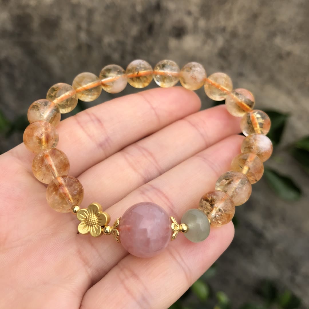 Olivenorma Natural Citrine Rose Quartz Flower Charm Beaded Bracelet - image 1