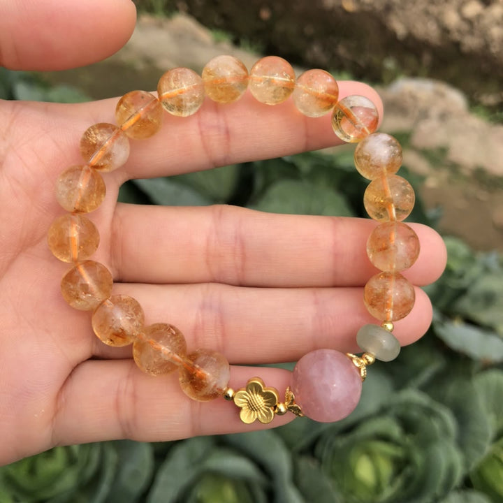 Olivenorma Natural Citrine Rose Quartz Flower Charm Beaded Bracelet - image 2