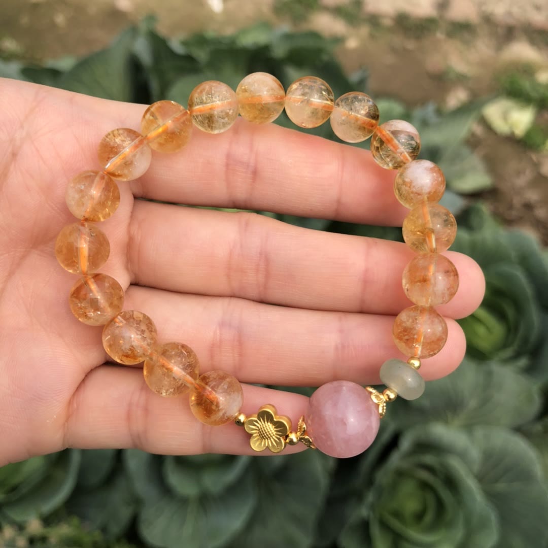 Olivenorma Natural Citrine Rose Quartz Flower Charm Beaded Bracelet - image 3