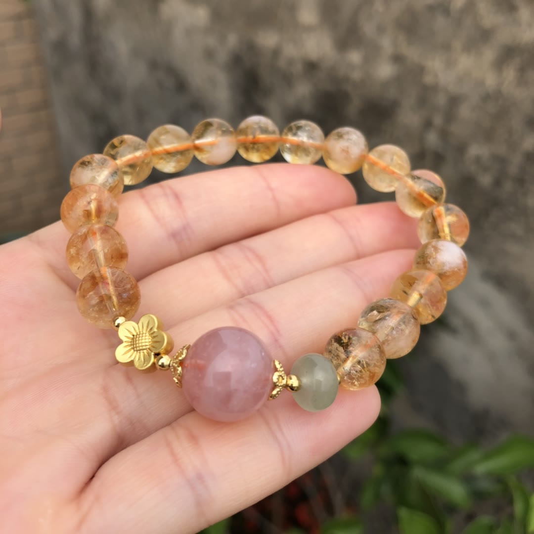 Olivenorma Natural Citrine Rose Quartz Flower Charm Beaded Bracelet - Natural Stone - image 0
