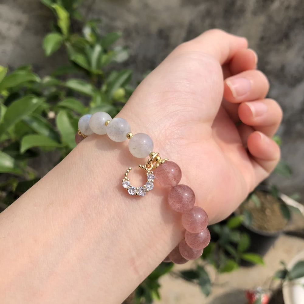Olivenorma Natural Strawberry Quartz Labradorite Moon Charm Bracelet - image 1