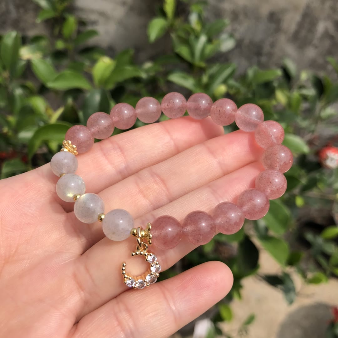Olivenorma Natural Strawberry Quartz Labradorite Moon Charm Bracelet - Natural Stone - image 0