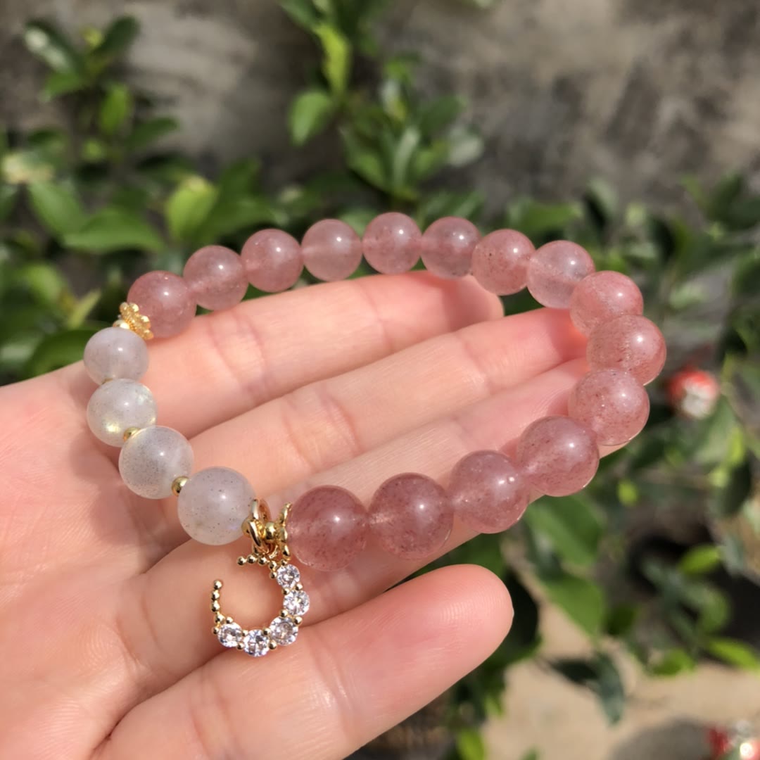 Olivenorma Natural Strawberry Quartz Labradorite Moon Charm Bracelet - image 3