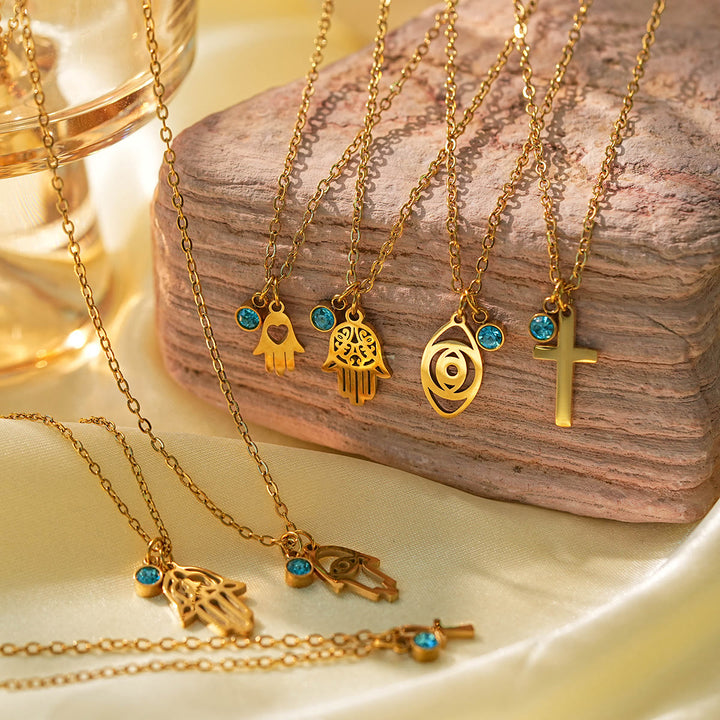 Olivenorma Aquamarine Cross Evil Eye Hamsa Symbol Charm Necklace - image 10