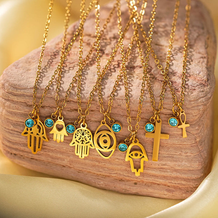 Olivenorma Aquamarine Cross Evil Eye Hamsa Symbol Charm Necklace - image 0