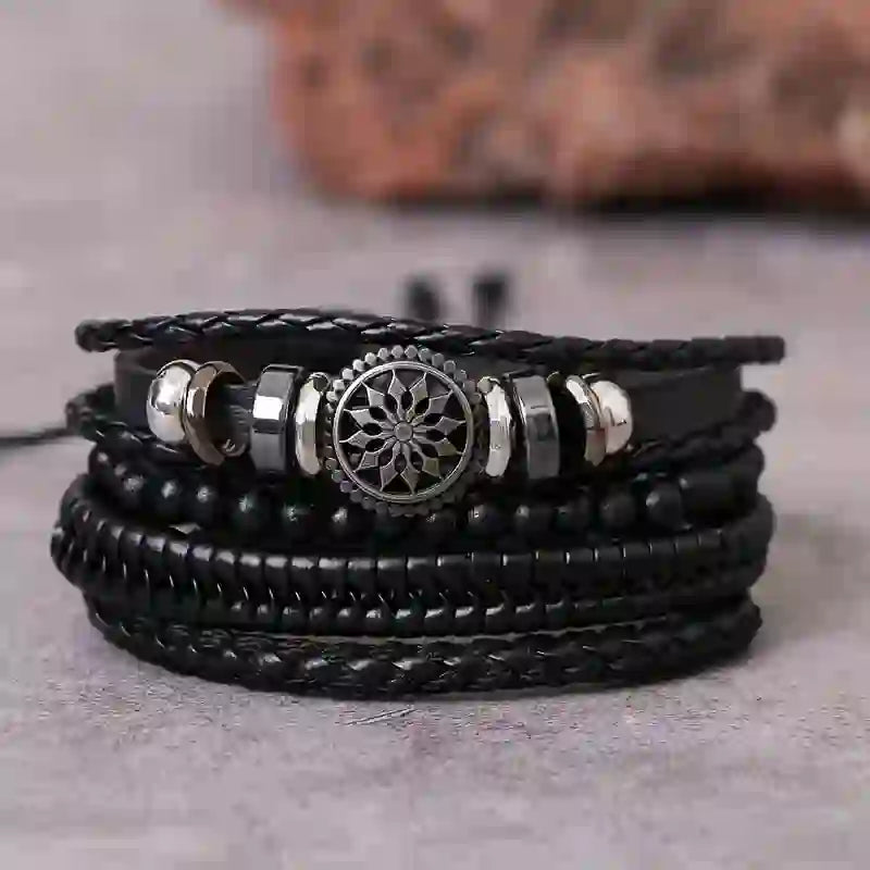 Olivenorma Vintage Pu Leather Beads Multilayer Bracelet - Black - image 0